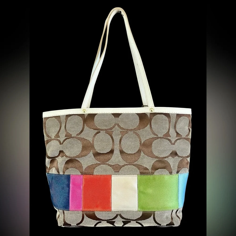 Vintage Coach Brown Signature Canvas Tote with Multicolor Accent Panels